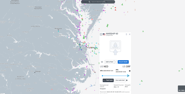 بيانات تظهر انقطاع إشارة الطراد الصاروخي "يو إس إس نورماندي" (CG-60) منذ 9 سبتمبر/أيلول