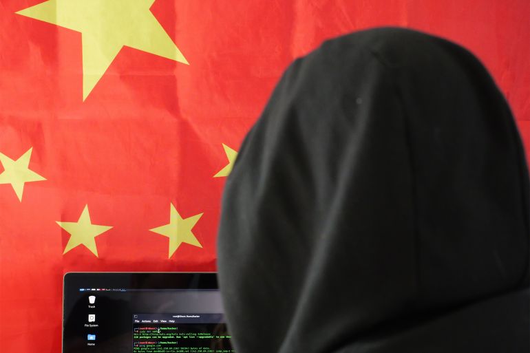 d98ad8b3-1760605806 Black Hat Hacker Concept - Chinese Flag in Background - Black Hoodie - Linux Terminal