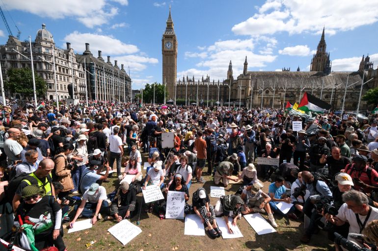 LONDON, UNITED KINGDOM - AUG 09, 2025 - Supporters of the proscribe group Palestine Action protest in Parliament Square, with many arrests. (Photo credit should read Matthew Chattle/Future Publishing via Getty Images)