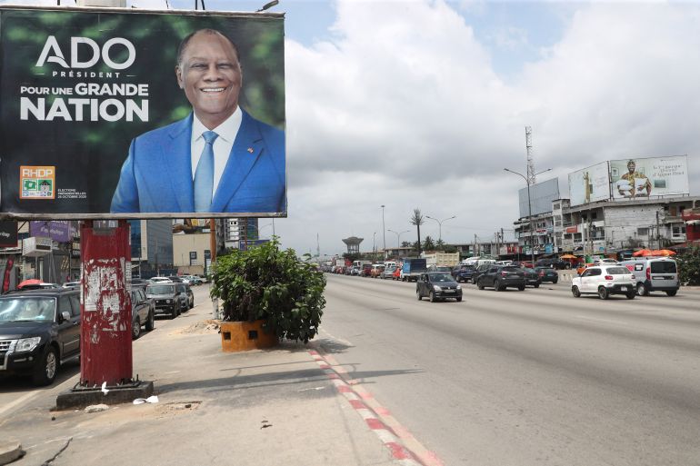 epa12445322 Presidential campaign posters for incumbent President Alassane Ouatarra are displayed in Abidjan, Ivory Coast, 10 October 2025. The electoral campaign for the presidential election of 25 October 2025 kicked off on 10 October. Incumbent President Alassane Ouattara is running for a fourth term and faces four competitors, including former First Lady Simone Ehivet Gbagbo of Mouvement des Generations Capables (MGC). EPA/LEGNAN KOULA