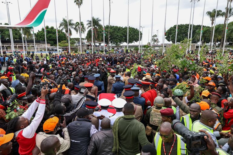 epa_68f0b151a987-1760604497 epa12457378 The coffin containing the body of the late former Kenyan Prime Minister Raila Odinga is placed on a gun carriage for transport after arriving at Jomo Kenyatta International Airport in Nairobi, Kenya, 16 October 2025. Odinga, 80, who spent many years as an opposition leader, passed away in India on 15 October 2025 while receiving medical treatment. EPA/DANIEL IRUNGU