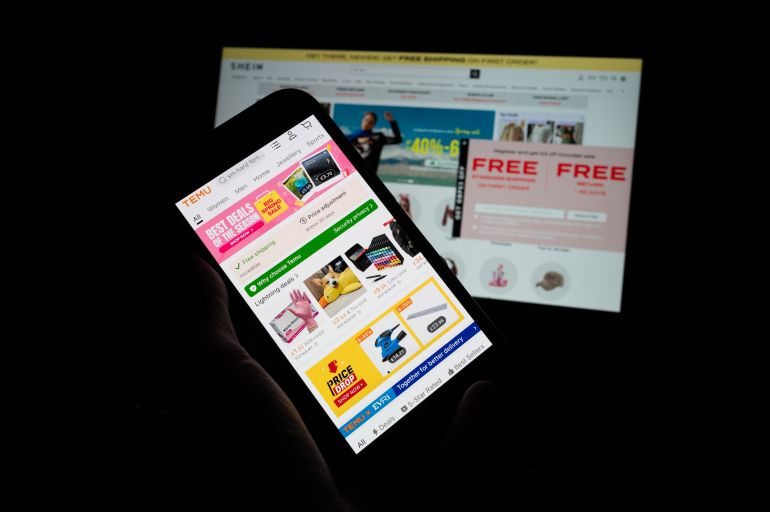 getty_68a59036c5-1755680822 LONDON, ENGLAND - FEBRUARY 20: In this photo illustration, the Temu website is displayed alongside the Shein website on screens on February 20, 2025 in London, England. U.S. President Donald Trump's trade tariffs have affected two of the biggest Chinese-owned ecommerce platforms in the U.S. as Shein and Temu have had to withdraw some products from sale and raise prices. Shein has seen daily sales fall by up to 41% and considered cutting its valuation for a London IPO by nearly 25%. (Photo Illustration by Ben Montgomery/Getty Images)