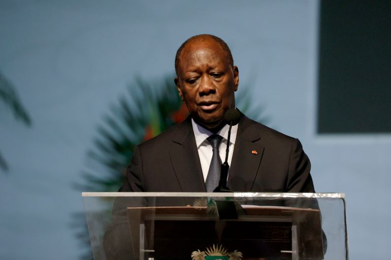 ABIDJAN, IVORY COAST - OCTOBER 10: President of the Republic of Cote d'Ivoire Alassane Ouattara speaks on stage during the Economic Development Assembly: Advancing Africa's Future on October 10, 2024 in Abidjan, Ivory Coast. (Photo by Andrew Esiebo/Getty Images for Global Citizen)