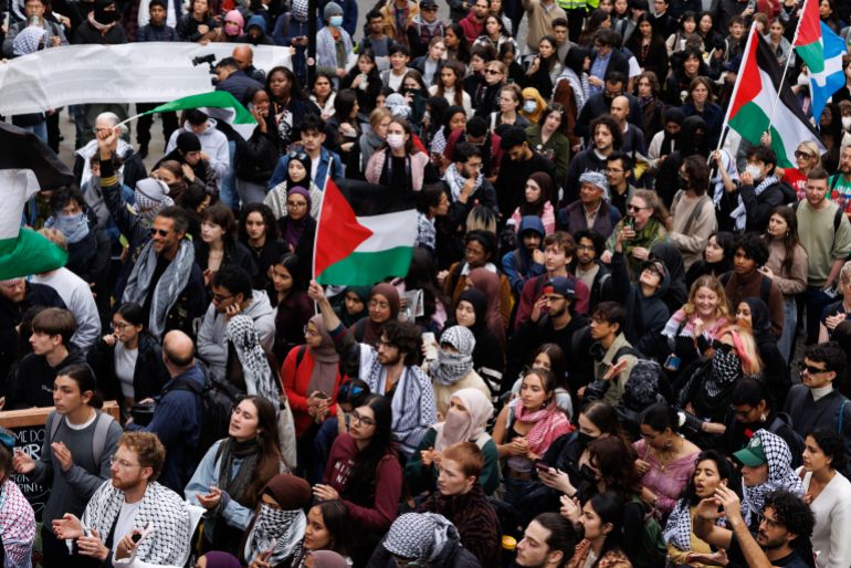 LONDON, ENGLAND - OCTOBER 07: Protesters from a number of London universities attend a pro-Palestine demonstration on October 7, 2025 in London, England. On the same day as people mark the second anniversary of the Hamas attacks on Israel which led to more than 1200 deaths and 251 hostages taken, students from King's College London, London School of Economics, University College London, and School of Oriental and ­African Studies (SOAS) take part in a march through central London to mark two years since 'the beginning of the genocide in Gaza'. This march comes as Home Secretary Shabana Mahmood announced increased police powers at repeat protests, such as those in support of Palestine. (Photo by Dan Kitwood/Getty Images)