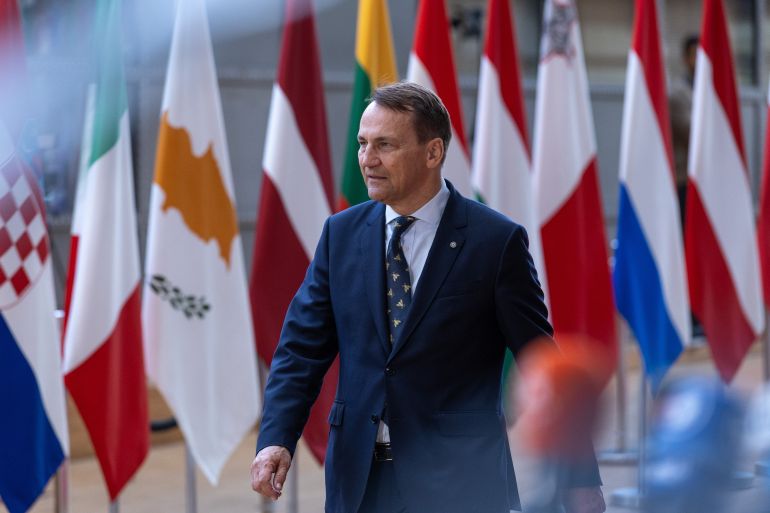 getty_68ed28237a-1760372771 BRUSSELS, BELGIUM - MAY 20: Radosław Sikorski, Minister of Foreign Affairs of Poland, arrives at the European Council headquarters during the meeting of Foreign Affairs Ministers on May 20, 2025 in Brussels, Belgium. Today's EU's Foreign Affairs Council meeting includes a session with EU Defense Ministers to discuss military support for Ukraine. (Photo by Omar Havana/Getty Images)
