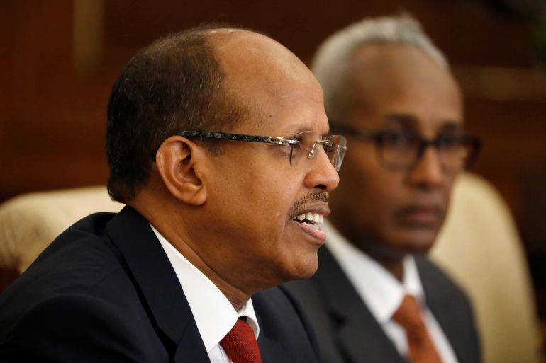 BEIJING, CHINA - FEBRUARY 20: Djibouti Foreign Minister Mahamoud Ali Youssouf (L) speaks to his Chinese counterpart Wang Yi during their meeting during their meeting at the Diaoyutai State Guesthouse on February 20, 2019 in Beijing, China. (Photo by How Hwee Young - Pool/Getty Images)