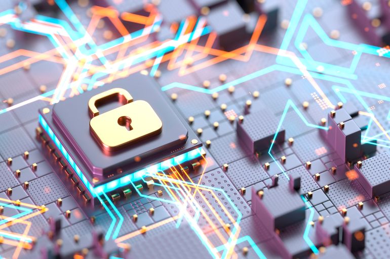 3D illustration of a futuristic microchip with a golden padlock symbolizing cybersecurity, encryption, and data protection. Ideal for technology, digital security, and network privacy concepts.