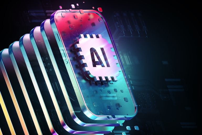 Artificial Intelligence Microchip Concept Showcasing AI CPU Integration in Modern Smartphones and Gadgets. Modern Graphic Design, HUD Elements and Tech-Inspired Graphic Design Highlight Latest Innovative Technologies.