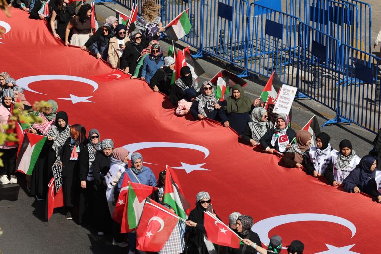 ANKARA, TURKIYE- OCTOBER 5: People gather to participate in the 'Gaza Determination March' to draw attention to Israel’s ongoing actions in Gaza since October 8, 2023, and to highlight the humanitarian tragedy faced by Palestinians on October 5, 2025 in Ankara, Türkiye. (Photo by Ugur Yildirim/ dia images via Getty Images)