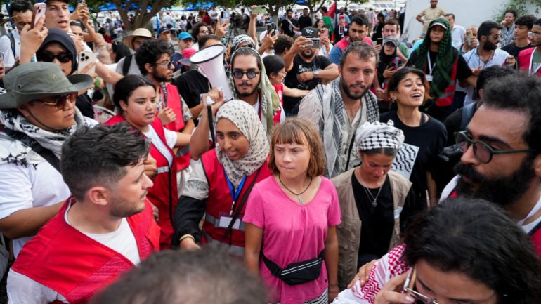 Swedish activist Greta Thunberg arrives at the port of Sidi Bou Said, Tunisia, as part of the Global Sumud Flotilla which will pause for two days in Tunisia before setting sail again on September 10, joining the Maghreb Sumud Flotilla on its journey to Gaza Tunis, Tunisia, September 7, 2025. REUTERS/Jihed Abidellaoui