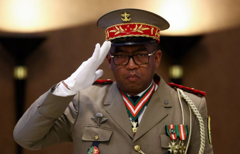 Military general Ruphin Fortunat Zafisambo gestures after being named Prime Minister by Madagascar's President Andry Rajoelina at the Lavoloha Presidential Palace, following the government's dissolution amid protests over power and water shortages, in Antananarivo, Madagascar October 6, 2025. REUTERS/Siphiwe Sibeko