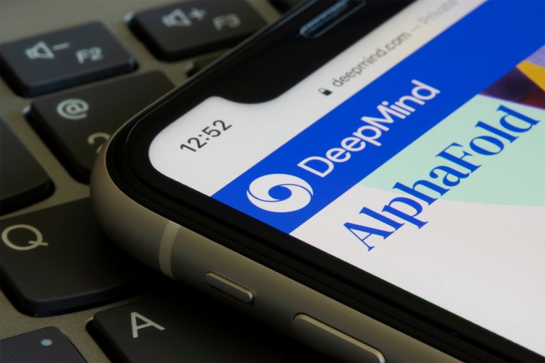 Portland, OR, USA - Apr 21, 2021: The DeepMind and AlphaFold logos are seen on the DeepMind website. AlphaFold is an AI program developed by DeepMind that performs predictions of protein structure. shutterstock_1960985800