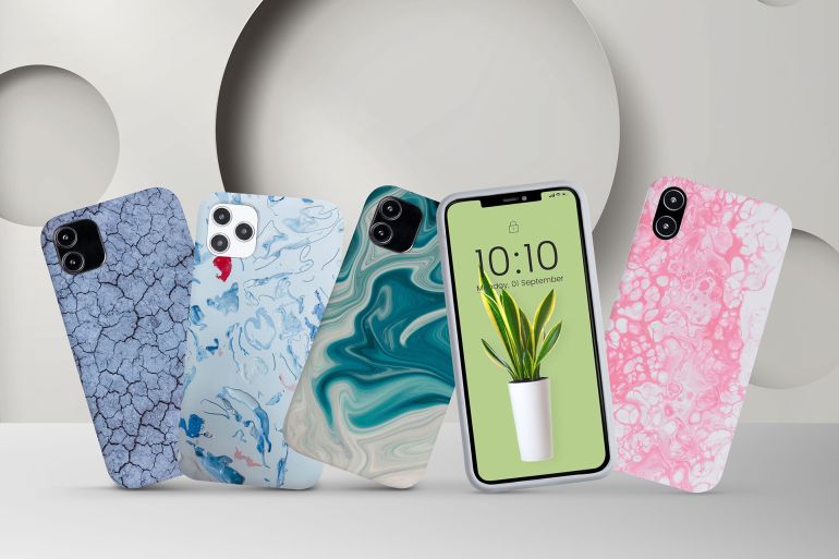 Mobile phone case product showcase front and back; Shutterstock ID 2293144707; purchase_order: AJA; job: ; client: ; other: