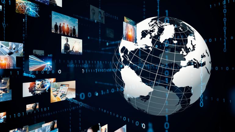 Global communication network concept. Internet movie. Video distribution service. Streaming video.