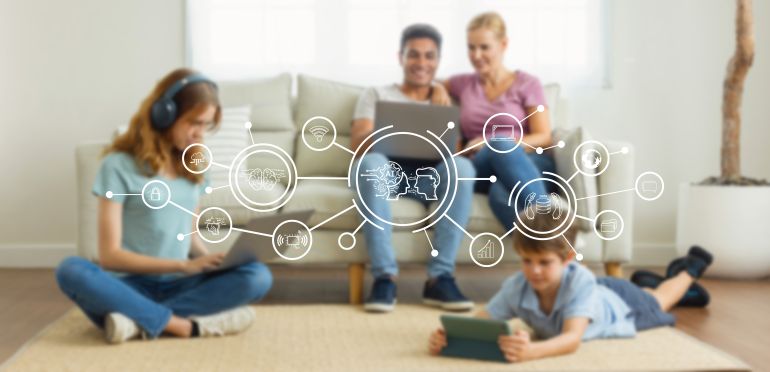 Family interacting with AI-driven digital network overlays, illustrating connectivity and innovation in a home setting.