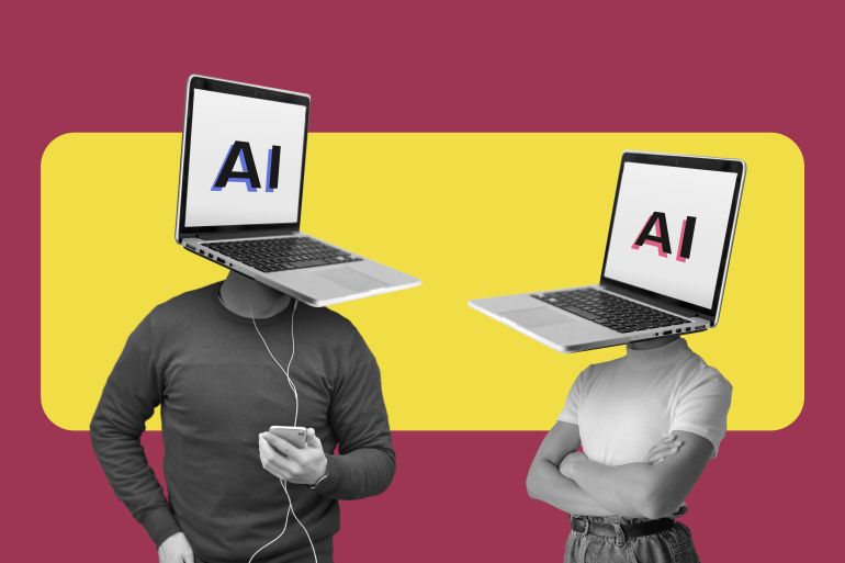 shutterstock_2631700029-1755169932 Two people with laptops as heads representing artificial intelligence communicate with each other. AI communication and discussion. Futuristic machine learning concept.