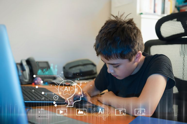 3ai-1763553705 Teen boy using AI chatbot on smartphone search for music educational by digital device at home,Concept digital native children,screen time awareness,hybrid learning with artificial intelligence