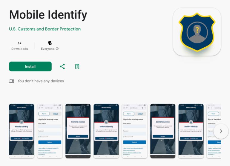 ****داخلية**** DHS Gives Local Cops a Facial Recognition App To Find Immigrants A screenshot from the app's Google Play Store page.
