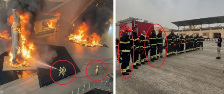 44455-1762773625 مقارنة بين زي رجال الاطفاء بالصورة المتدولة (يمين) والزي الرسمي للحماية المدنية بمصر (منصات التواصل)