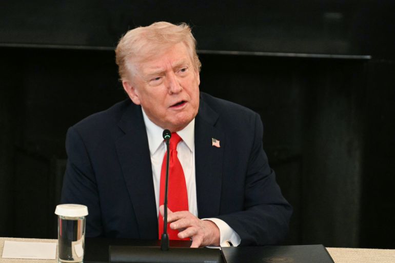 5454-1759964839 ترامب US President Donald Trump speaks during a roundtable about Antifa in the State Dining Room of the White House in Washington, DC, on October 8, 2025. (Photo by Jim WATSON / AFP)