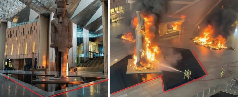 54545-1762773551 مقارنة بصرية بين الصورة المتداولة (يمين) وصورة نشرها المتحف المصري الكبير لتمثال رمسيس الثاني (منصات التواصل)