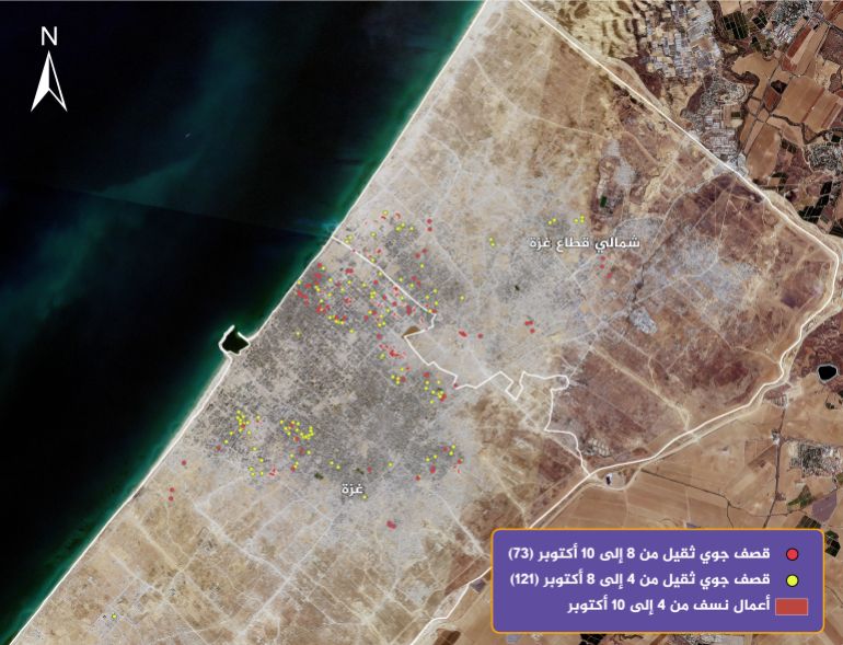 5sanad-1763022421 خريطة توضح نمط القصف الجوي والتجريف شمال قطاع غزة منذ بدء المفاوضات وحتى وقف إطلاق النار. المصدر: بلانت Planet+ سند
