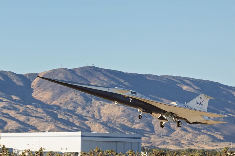 This photo provided by Lockheed Martin shows the first flight of the X-59 jet plane, which was built by NASA and Lockheed Martin and can move faster than the speed of sound, on Oct. 28, 2025, in Palmdale, Calif. (Garry Tice/Lockheed Martin via AP)