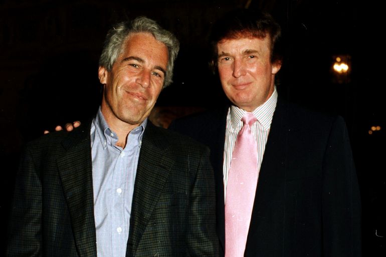 Portrait of American financier Jeffrey Epstein (left) and real estate developer Donald Trump as they pose together at the Mar-a-Lago estate, Palm Beach, Florida, 1997. (Photo by Davidoff Studios/Getty Images)
