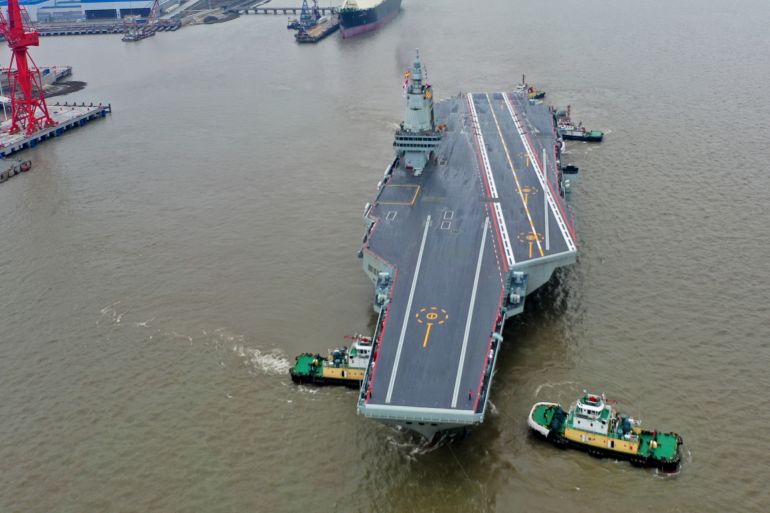 6ryhfg-1762497236 SHANGHAI, CHINA - MAY 01: The CNS Fujian, China's third aircraft carrier, begins its maiden sea trial on May 1, 2024 in Shanghai, China. The CNS Fujian, one of the most important pieces of military hardware China is working on, was officially unveiled in June 2022 in Shanghai as it was towed out of its dry dock at the China State Shipbuilding Corp's Jiangnan Shipyard. (Photo by Pu Haiyang/VCG via Getty Images)