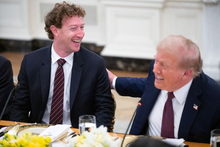 affffp-1762434858 US President Donald Trump jokes with Meta CEO Mark Zuckerberg (L) as he hosts tech leaders for a dinner in the State Dining Room of the White House in Washington, DC, on September 4, 2025. (Photo by SAUL LOEB / AFP)