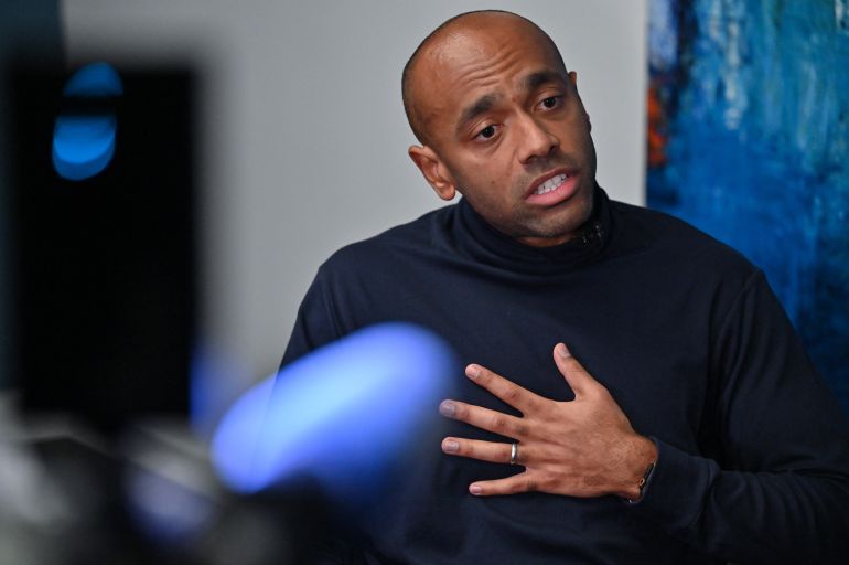 Noureddin Bongo, the son of Gabon's deposed leader Ali Bongo, takes part in an interview with AFP at an office in central London on November 5, 2025.