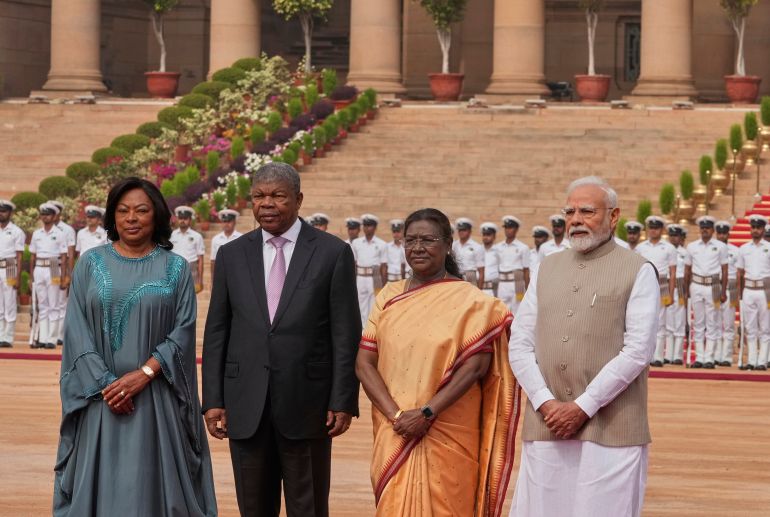 ap_6911c1465f478-1762771270 From left, Angola's First Lady Ana Dias Lourenço, and President João Lourenco, Indian President Droupadi Murmu and Indian Prime Minister Narendra Modi pose for the photographs during the ceremonial reception of the Angolan president at the forecourt of the Indian presidential palace in New Delhi, India, Saturday, May 3, 2025.(AP Photo/Manish Swarup)