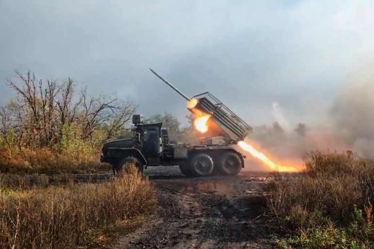 ap_6911c50cdb55f-1762772236 In this image made from video provided by Russian Defense Ministry Press Service on Friday, Nov. 7, 2025, a Russian "Grad" self-propelled 122 mm multiple rocket launcher fires towards Ukrainian positions on an undisclosed location in Ukraine. (Russian Defense Ministry Press Service via AP)