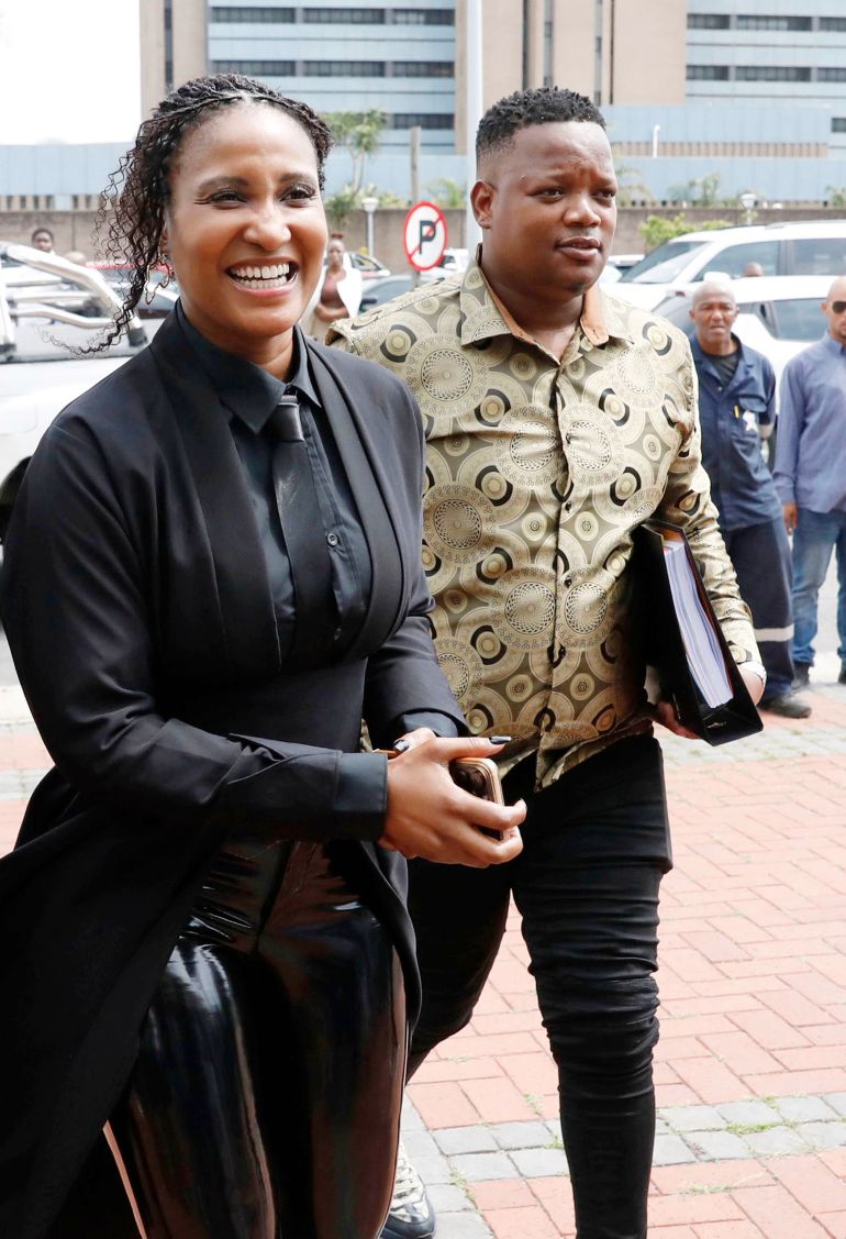 Duduzile Zuma-Sambudla, daughter of former South African president Jacob Zuma, left, arrives at High Court for her terrorism trial linked to the July 2021 riots, in Durban, South Africa, Monday, Nov. 10, 2025. (AP Photo)
