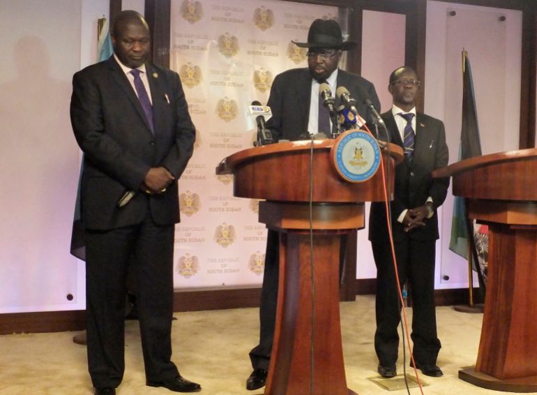 ap_691d465af16cc-1763526235 In this photo dated Friday July 8 2016, South Sudan Riek Machar, left. Salva Kiir, South Sudan President, and James Wani Igga, Vice president during a press conference at Presidential palace in Juba, South Sudan, after fighting started erupted when a group of unidentified soldiers tried to enter the palace. Heavy explosions are shaking South Sudan's capital Juba Monday July 11, 2016 as clashes between government and opposition forces entered their fifth day, witnesses say, seeming to push the country back toward civil war. (AP Photo/Samir Bo)