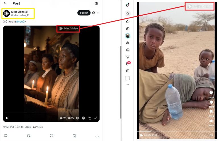 capture8-1763620806 ظهور شعار نموذج ذكاء اصطناعي على الفيديو الأصلي (يمين) عند مقارنته بمقطع ترويجي آخر يعود للأداة نفسها على حسابها في إكس