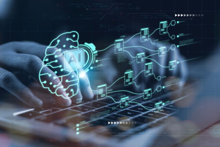 AI or Artificial intelligence concept. Businessman using computer use ai to help business and used in daily life, Digital Transformation, Internet of Things, Artificial intelligence brain