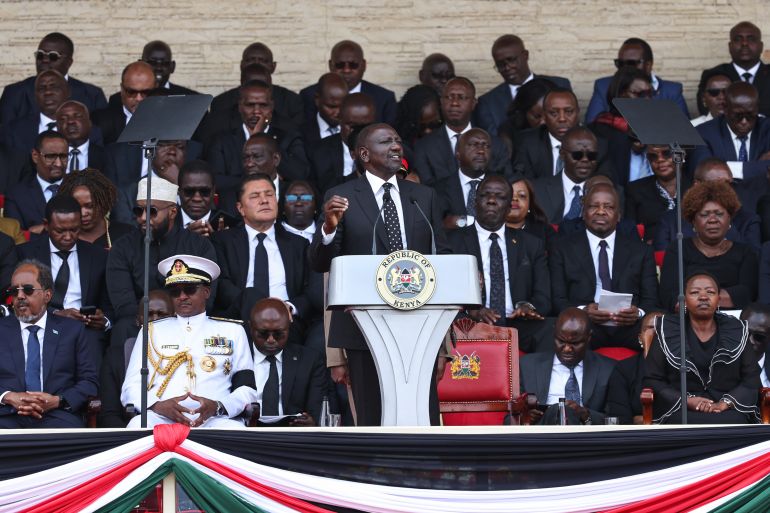 epa12460359 Kenya's President Wiliam Ruto speaks during the state funeral of late Kenyan Prime Minister Raila Odinga at Nyayo National Stadium in Nairobi, Kenya, 17 October 2025. Odinga, 80, who spent many years as an opposition leader, passed away in India on 15 October 2025, while receiving medical treatment. EPA/DANIEL IRUNGU