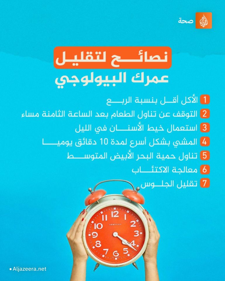 f_dwjsqxaaeivki-1700146465 العمر البيولوجي شيخوخة الشيخوخة عمر بيولوجي يعتبر عمرك البيولوجي مؤشرا على صحتك، وهو أكثر دقة من عمرك الزمني في تحديد مدى كفاءة أعضائك وقوة عضلاتك وعظامك، ويمكن تقليله باتباع نصائح معينة، وهذا يجعلك أصغر بغض النظر عن عمرك الزمني.