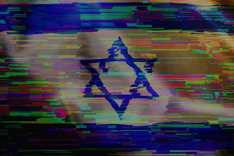 fght-1750278376-1 Israel digital technology flag cyber background. Israeli banner cyberattack and espionage concept illustration.