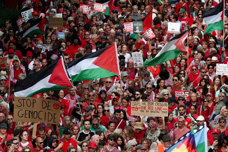 People take part in the Red Line demonstration, protesting against conditions in Gaza and demanding government to impose sanctions against Israel, in Brussels, Belgium, June 15 2025. REUTERS/Yves Herman TPX IMAGES OF THE DAY