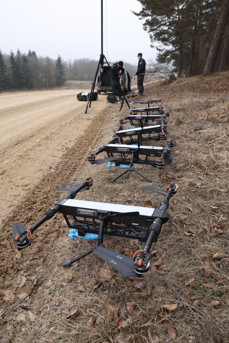 HOHENFELS, GERMANY - FEBRUARY 04: U.S. Army Infantry soldiers prepare to fly TS-M800 quadcopter drones armed with fake styrofoam bomblets during the Combined Resolve 25-1 military exercises at the Hohenfels Training Area in Bavaria on February 4, 2025 near Hohenfels, Germany. The exercises are giving soldiers training and testing experience with different kinds of drones, tactics and new equipment. The ongoing war in Ukraine, where drones are more numerous and are having more effect than in any previous large-scale military conflict, has accelerated drone development, integration and deployment in the U.S. military. (Photo by Sean Gallup/Getty Images)