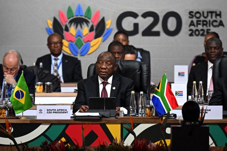 JOHANNESBURG, SOUTH AFRICA - NOVEMBER 22: South African President Cyril Ramaphosa during the opening plenary session at the G20 Summit on November 22, 2025 in Johannesburg, South Africa ahead of the G20 Summit. The heads of state and government gathered here did not include those from the United States, which boycotted the event over its objections to South Africa’s G20 presidency. (Photo by Leon Neal/Getty Images)