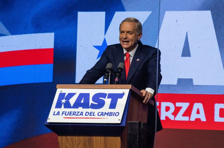 SANTIAGO, CHILE - NOVEMBER 16: Presidential candidate Jose Antonio Kast of the Republicano party speaks to supporters following the first round of the 2025 presidential election on November 16, 2025 in Santiago, Chile. Kast has received 24.32% of the votes, and Jeannette Jara, presidential candidate of the Unidad Por Chile Coalition, has 26.58% of the votes according to the preliminary results of the Chilean Electoral Service (Servel). Kast and Jara will face off in the second round of the Presidential elections on December 14, 2025. (Photo by Claudio Santana/Getty Images)