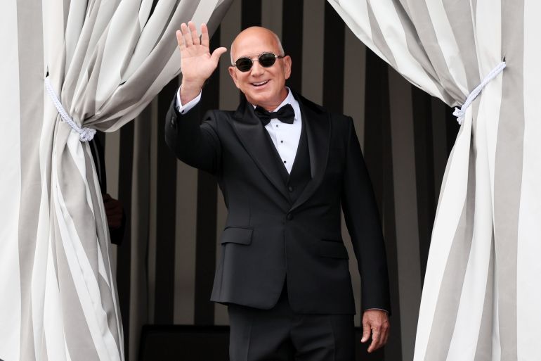 VENICE, ITALY - JUNE 27: Jeff Bezos leaves the Aman Hotel during the Jeff Bezos and Lauren Sanchez Wedding on June 27, 2025 in Venice, Italy. (Photo by Ernesto Ruscio/GC Images)