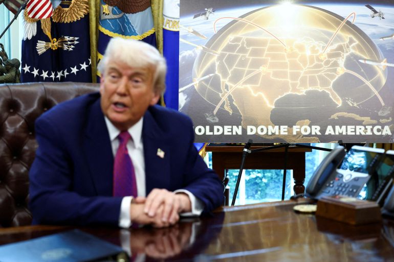 FILE PHOTO: U.S. President Donald Trump makes an announcement regarding the Golden Dome missile defense shield in the Oval Office of the White House in Washington, D.C., U.S., May 20, 2025. REUTERS/Kevin Lamarque/File Photo