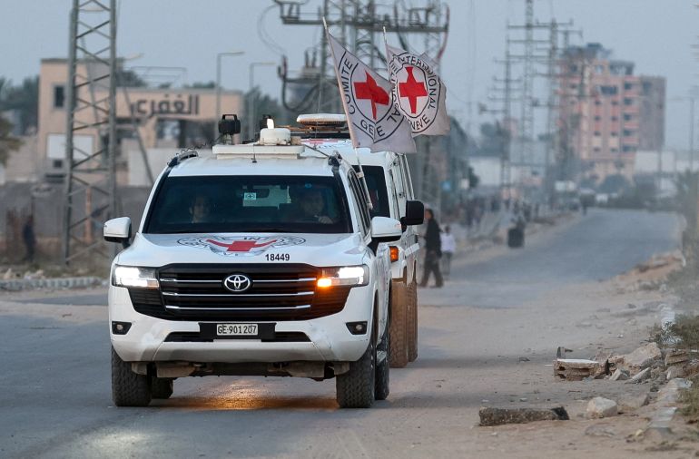 reuters_69072c5a-1762077786 FILE PHOTO: Red Cross transports the body of a deceased hostage, who had been held in Gaza since the deadly October 7, 2023, attack on Israel by Hamas, after it was handed over by Hamas militants as part of a ceasefire and a hostages-prisoners swap deal between Hamas and Israel, in Deir Al-Balah, in the central Gaza Strip, October 30, 2025. REUTERS/Ramadan Abed/File Photo