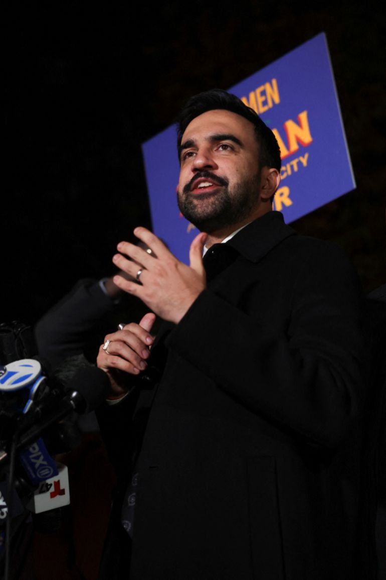 reuters_690984fa-1762231546 Democratic candidate for New York City mayor, Zohran Mamdani, speaks during a campaign rally on the eve of election day, in the Queens borough of New York City, U.S., November 3, 2025. REUTERS/Shannon Stapleton