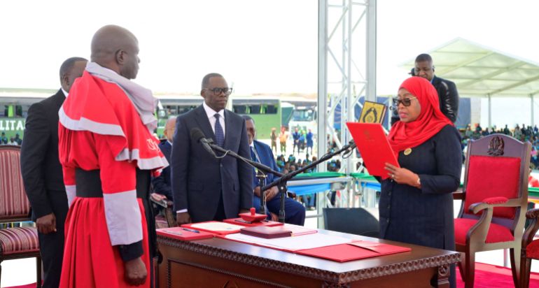 reuters_6909a16b-1762238827 Tanzania's President Samia Suluhu Hassan is sworn in during a ceremony in Dodoma, Tanzania November 3, 2025. Tanzania Presidential Press Unit/Handout via REUTERS THIS IMAGE HAS BEEN SUPPLIED BY A THIRD PARTY