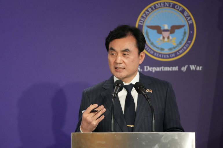 South Korean Defense Minister Ahn Gyu-Back, speaks during the joint press conference with U.S. Defense Secretary Pete Hegseth, following the 57th Security Consultative Meeting at the Defense Ministry in Seoul, South Korea, Tuesday, Nov. 4, 2025. Lee Jin-man/Pool via REUTERS